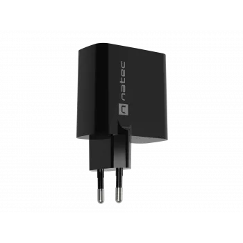 Carregador com fios para dispositivos móveis NATEC NUC-2145, 65 W, USB-C PD 3.0 + QC 3.0, 1x USB-C, 1x USB-A, 110–240 V, preto