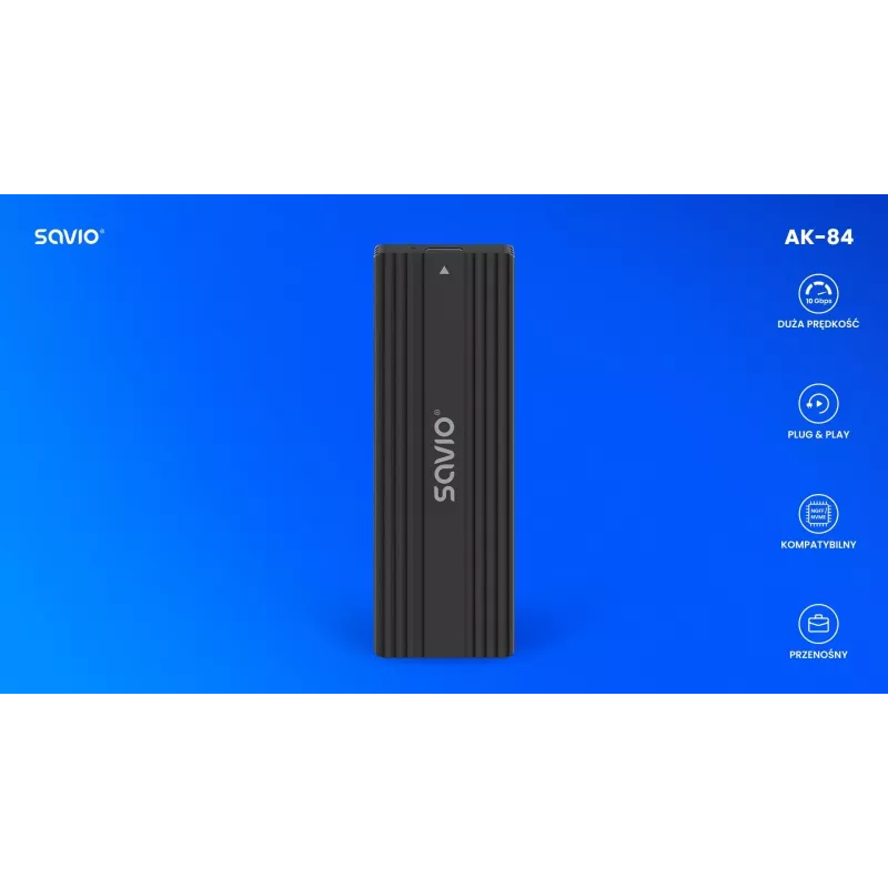 Caixa para SSD SAVIO AK-84 Preto para unidades M.2, USB 10 Gbit/s (Type-A / Type-C), Alumínio + ABS