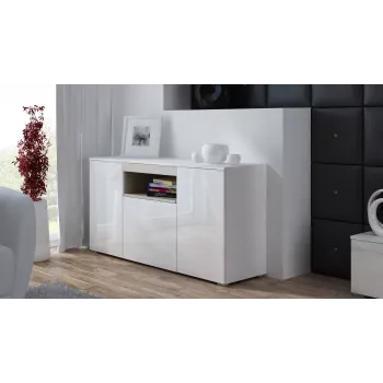 Aparador Cama Meble VIVA 150 — branco/branco alto brilho e carvalho sonoma, 3 portas, 5 prateleiras, 1500×450×800 mm