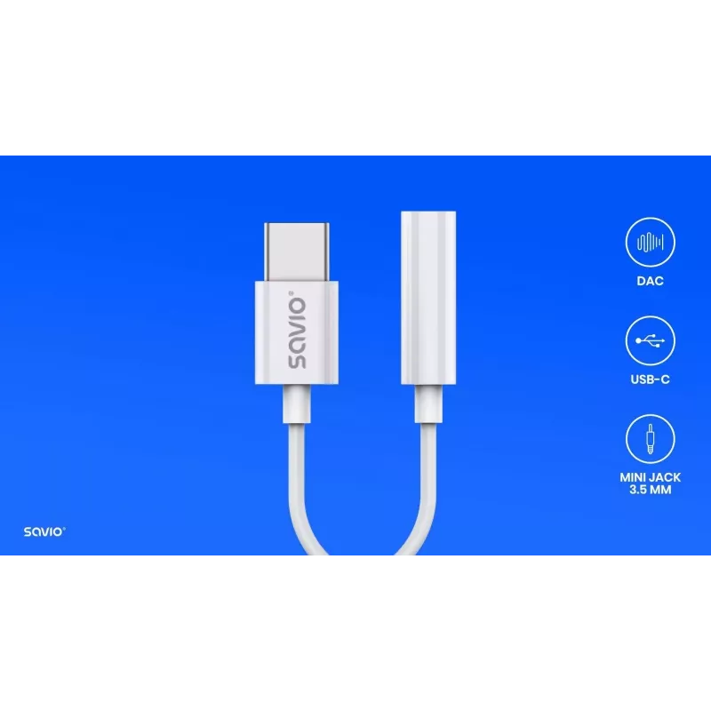 Adaptador de áudio USB Type 3.1 C (M) – Jack 3,5mm (F) branco SAVIO AK-51