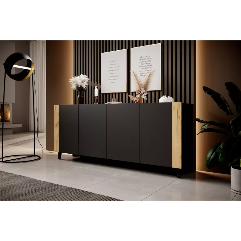 Cómoda cama meble FARO KOM200 CZ — 2000×420×820 mm, estrutura preto mate, frentes em efeito carvalho