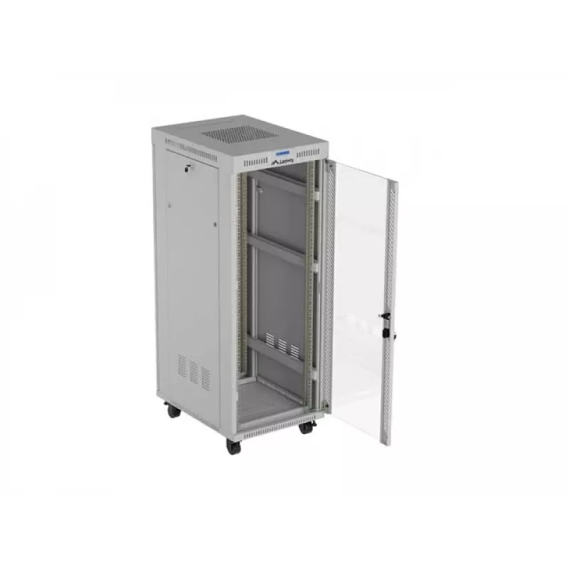 Armário rack de chão LANBERG 19 polegadas 32HE 600×800 mm cinzento com porta de vidro e LCD (embalagem plana)