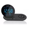 Rádio-despertador FM PLL/ALARME/USB/CR85BK CARREGAMENTO/Carregamento sem fios/temperatura interior/exterior/preto