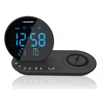 Rádio-despertador FM PLL/ALARME/USB/CR85BK CARREGAMENTO/Carregamento sem fios/temperatura interior/exterior/preto