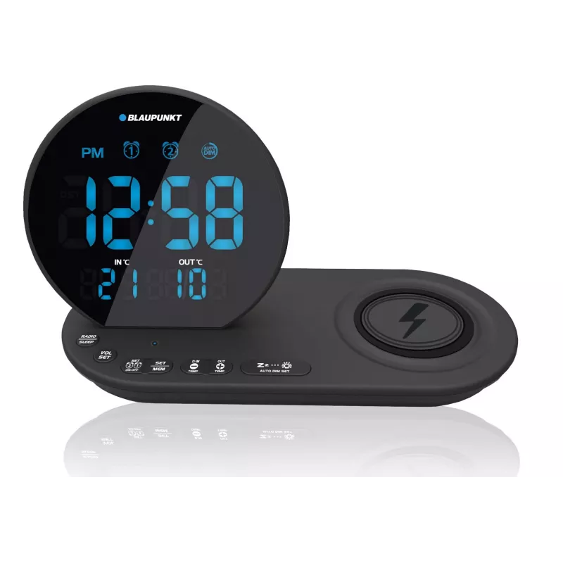Rádio-despertador FM PLL/ALARME/USB/CR85BK CARREGAMENTO/Carregamento sem fios/temperatura interior/exterior/preto