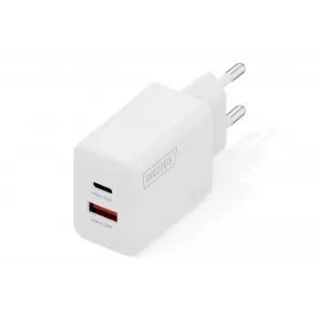 Carregador USB GaN de interior DIGITUS DA-10301 — 30W, 1× USB-C, 1× USB-A, 100–240V, branco