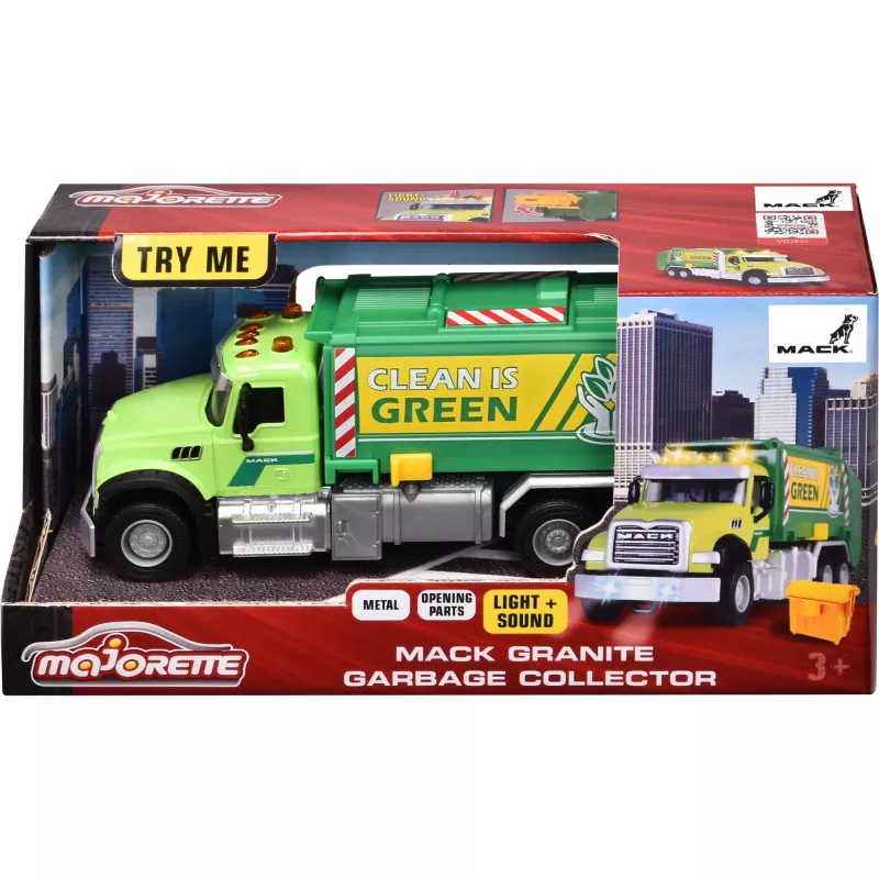 Carro de brincar Majorette Mack Granite camião do lixo modelo 213743007, modelo de carro em metal fundido