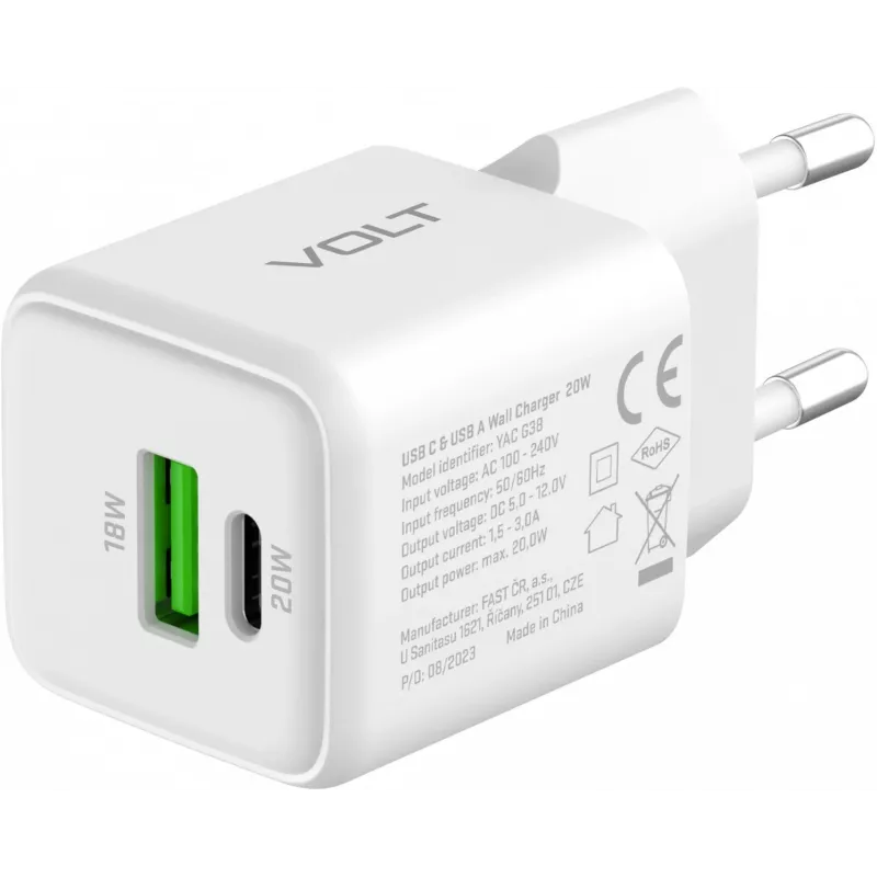 Carregador de rede USB-C/A YENKEE YAC G38 20W 3A Power Delivery (USB‑C e USB‑A)