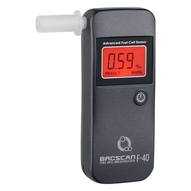 Alcoolímetro BACscan F-40, sem contacto, TAS 0–4%, precisão 1%, tempo de aquecimento 20s, LCD, pilha AAA×2