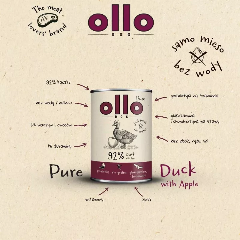 OLLO Pure Duck com maçã - Comida húmida para cães - 400 g