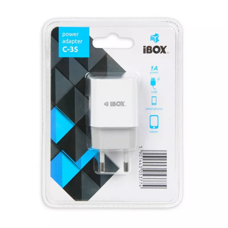 Carregador de interior AC IBOX C-35 Universal branco — 5 V máx., 0,3 A entrada, 1 A saída USB