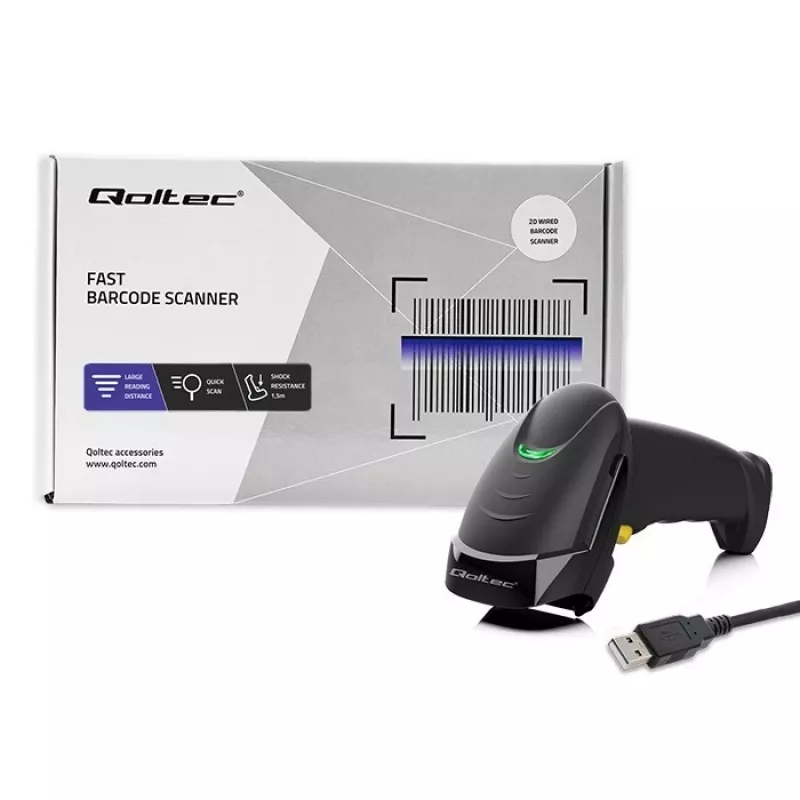 Qoltec 50853 leitor laser de códigos de barras portátil 1D/2D, USB com fio, cabo de 1,65 m, 97x65x167 mm, 105 g, preto