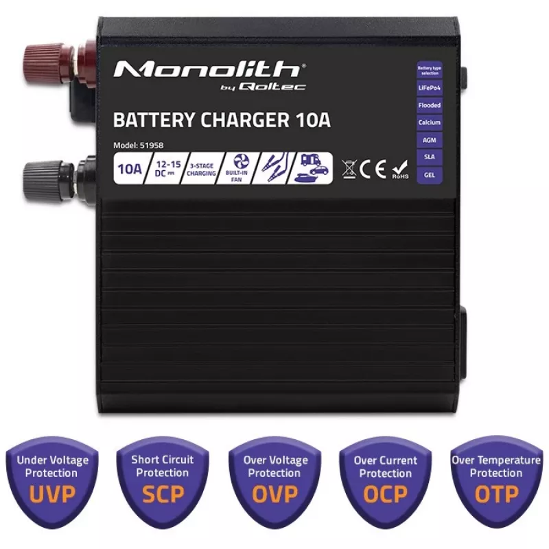 Carregador de baterias Qoltec Smart Monolith para baterias LiFePO4 AGM GEL SLA | 10A | 12V