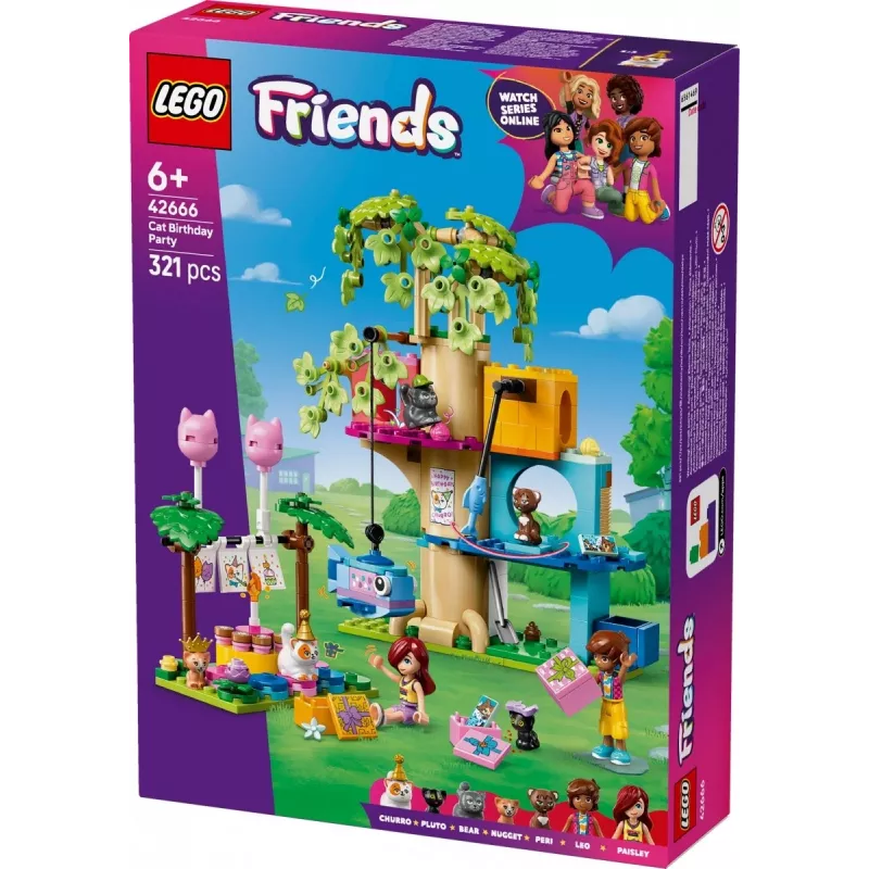 Brinquedo de construção LEGO Friends 42666 conjunto de brincar casa na árvore da festa de aniversário dos gatos, 321 peças, 6+ anos, 180×160×100 mm