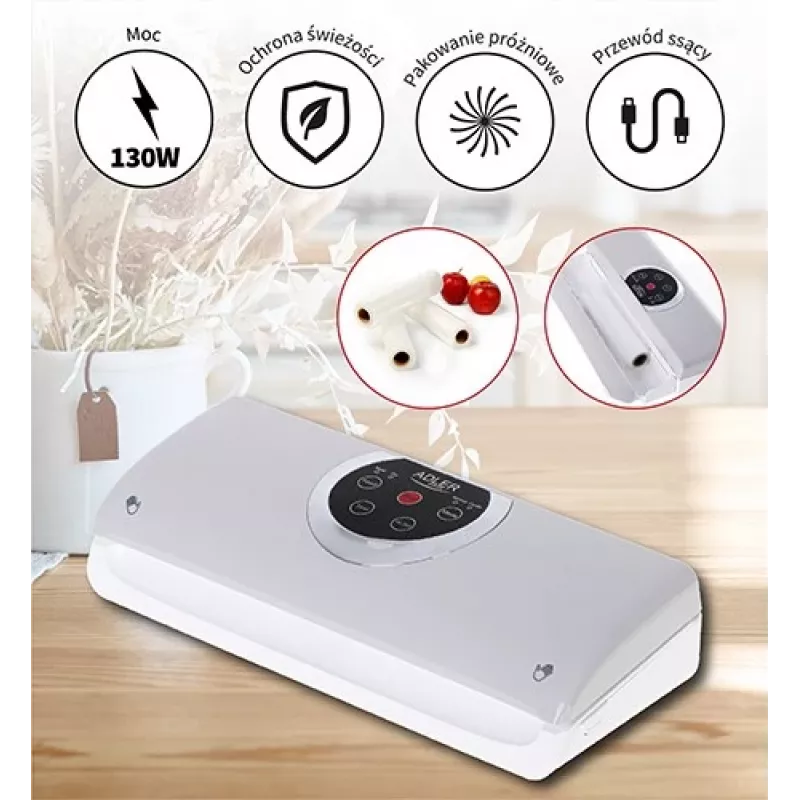 Máquina de vácuo Adler AD 4503, 130 W, vácuo -750 a -800 mbar, ficha Type-C, cinzento/branco