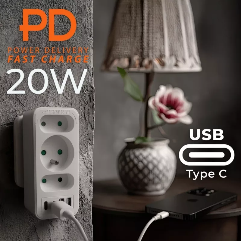 Power Splitter MACLEAN MCE248 F/W — 3 tomadas AC (1×16A, 2×6A) + 4×USB (2×A, 2×C PD 20W), ficha EU, branco