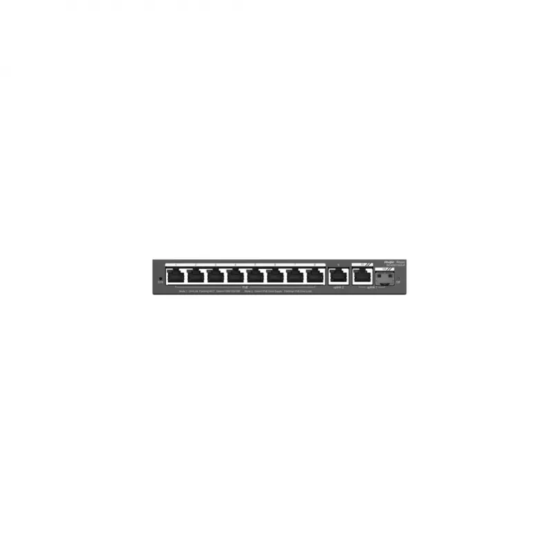 Switch L2 gerido RUIJIE RG-ES210GS-P — 10x Gigabit RJ-45, 2x SFP, 8x portas PoE+, orçamento PoE 120W, gerido na cloud