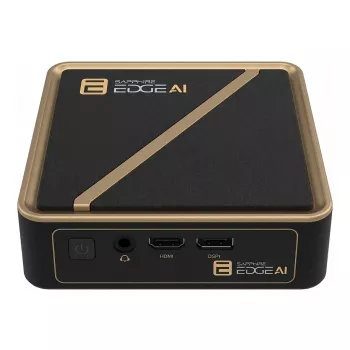Barebone desktop Sapphire EDGE AI 350 com suporte para memória DDR5 e saída HDMI