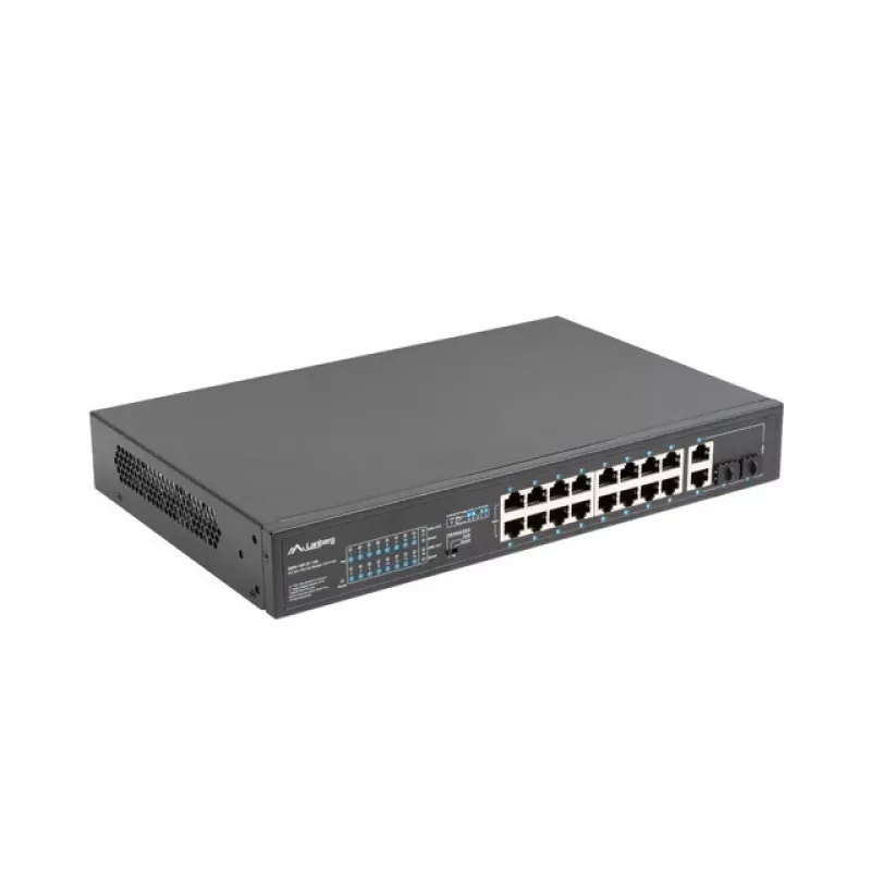 Lanberg RSFE-16P-2C-150 switch PoE+ não gerido, 16x 10/100 PoE+, 2x combo Gigabit, 150 W, rack 1U