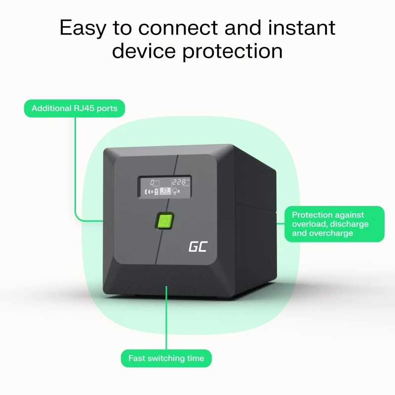 UPS line-interactive Green Cell 1,5 kVA / 1050 W, 5 saídas AC, onda sinusoidal pura, AVR, USB, torre, preto