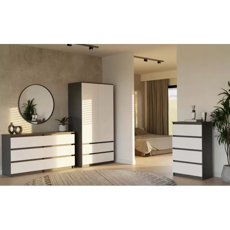 Guarda-roupa top e shop MALWA SS-90, 90×180×50 cm, estrutura antracite, portas de batente brancas, 2 gavetas, laminado 16 mm