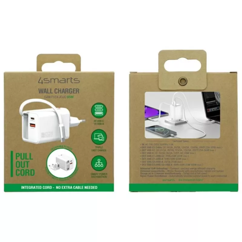 4smarts 541065 GaN Flex Jojo 65W carregador de parede, 2x USB-C PD + USB-A QC 3.0, cabo USB-C retrátil, 100-240V, branco