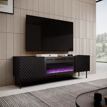 Móvel de TV Cama Meble ONDA com lareira elétrica 1805×400×580 mm, preto, superfície de aglomerado (de pé ou montado na parede)