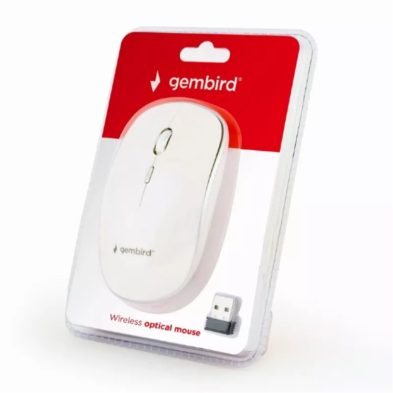Rato sem fios GEMBIRD MUSW-4B-01-W, ambidestro, ótico 1600 DPI, 4 botões, RF Wireless, branco