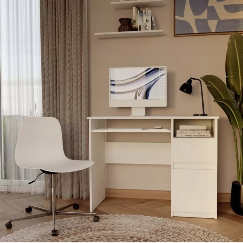 Secretária e shop PORTO direita branco, tampo retangular de aglomerado 985×510×755 mm, 1 gaveta, prateleira para teclado