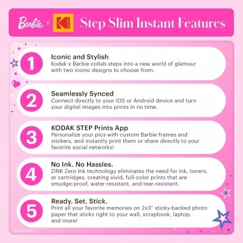Barbie x Kodak STEP Slim impressora fotográfica móvel instantânea cor ZINK 2x3'' 1 ppm, Bluetooth, rosa
