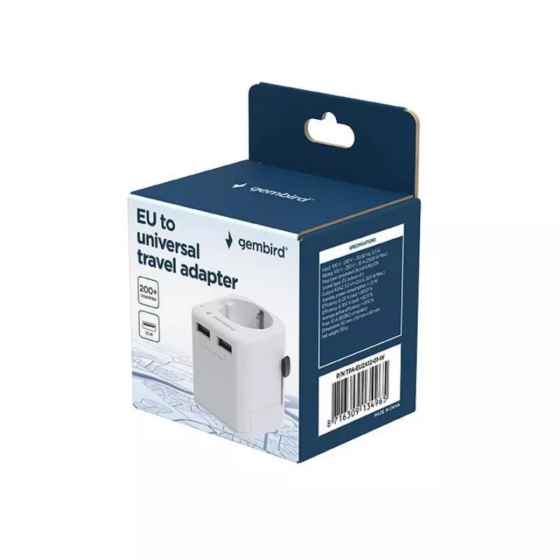 Adaptador de viagem universal GEMBIRD TPA-EU2A12-01-W 12W fonte de alimentação USB para tomadas internacionais