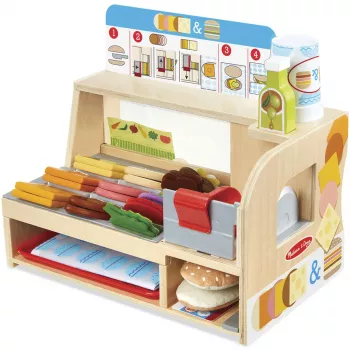 Melissa & Doug balcão de sanduíches de madeira com máquina de cortar – conjunto de 56 peças de alimentos de brincar – certificado FSC