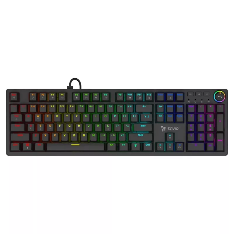 SAVIO STYX teclado mecânico gaming, switches Outemu Red, hot-swap, tamanho completo, disposição US, RGB, USB com fio, cabo de 1,5 m, preto
