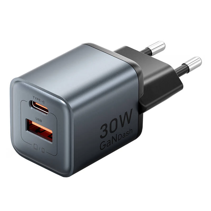 Carregador GaN Vention FEWH0-EU 30W — 1× USB-C, 1× USB-A, 30 W, preto