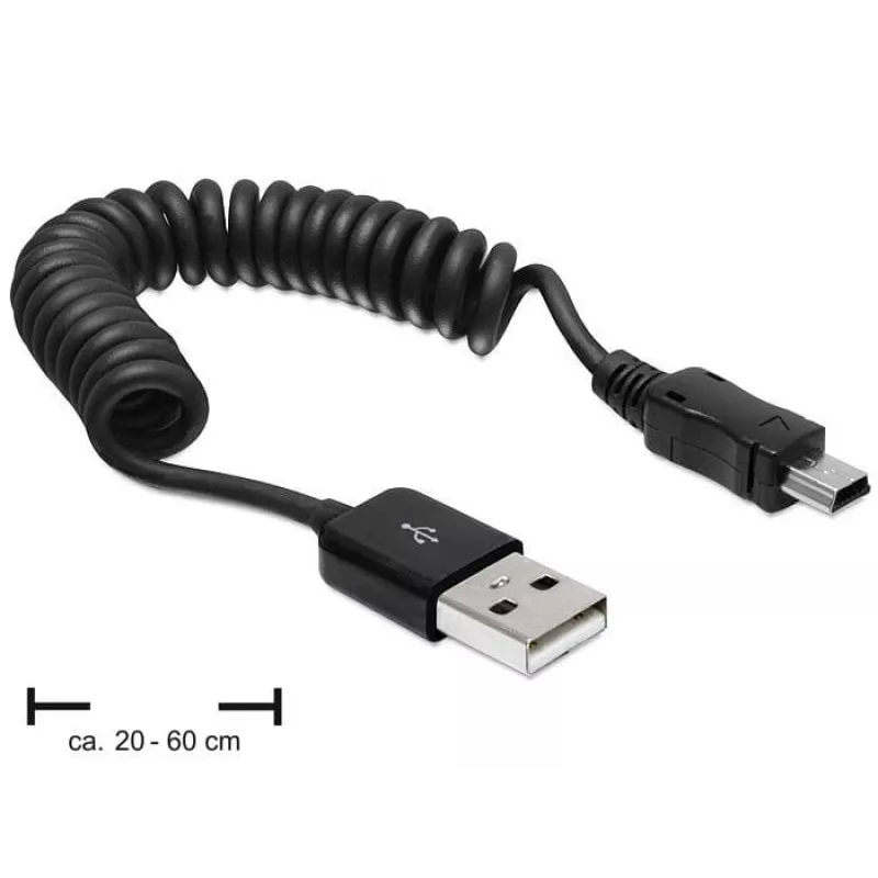 DeLOCK 83164 Cabo espiralado USB 2.0, USB-A para Mini-USB B, 0,6 m, preto