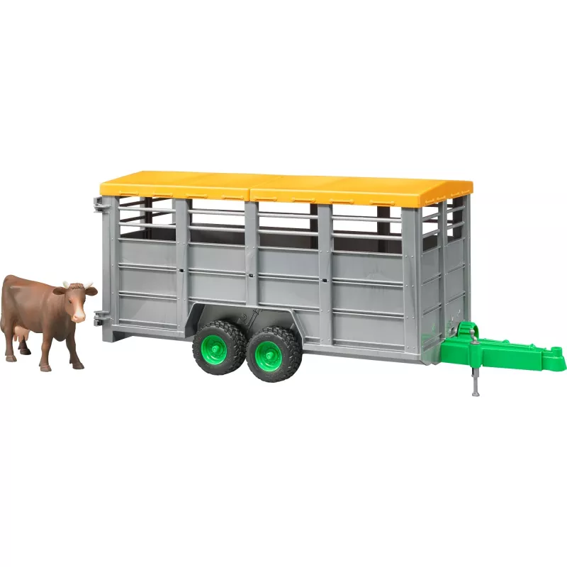 Reboque de gado com 1 acessório modelo de vaca, BRUDER, escala 1:16, plástico, verde/cinzento