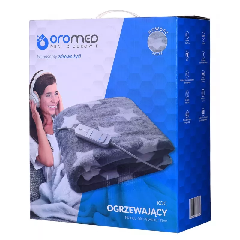 Cobertor elétrico de cama ORO-MED ORO-BALNKET STAR, polar, 130×180 cm, 120 W, 3 níveis de aquecimento, 230V