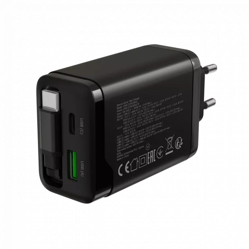 Carregador CANYON OnCharge 65RC com cabo USB-C integrado, 65 W, 1x PD, 1x QC, ficha EU, preto