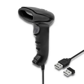 Leitor de códigos de barras manual QOLTEC 50868 — leitor laser 1D/2D, USB com e sem fios, distância de trabalho 600 mm, preto