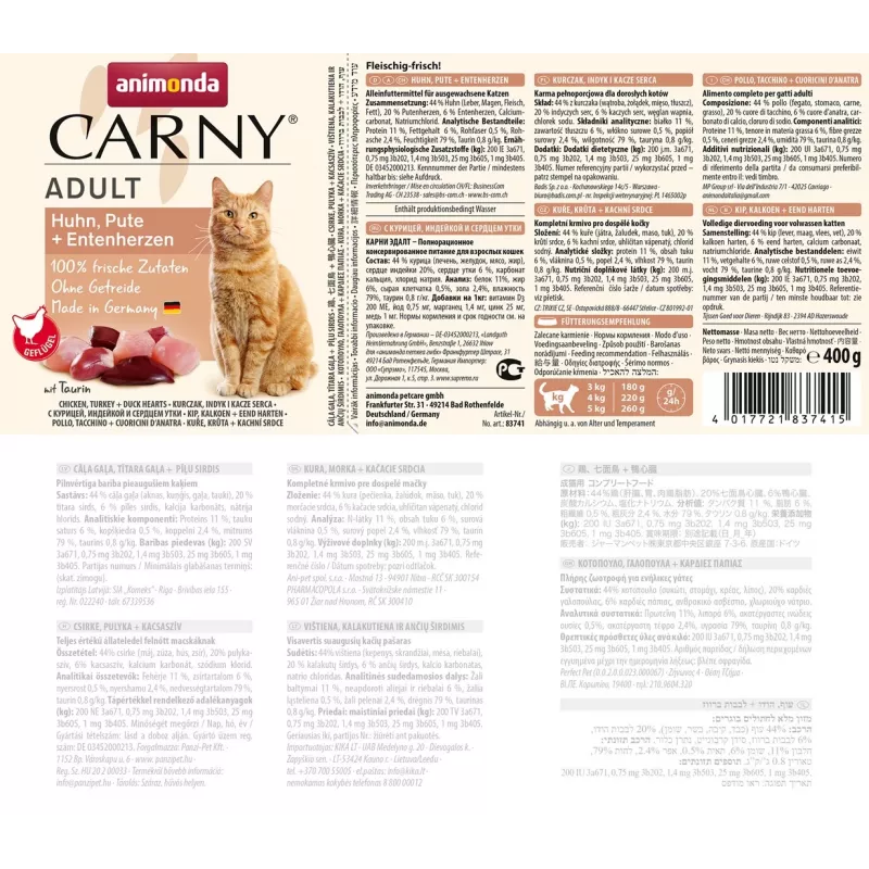 ANIMONDA Carny Adult Frango, Peru, Corações de Pato - Alimento húmido para gatos - 400 g