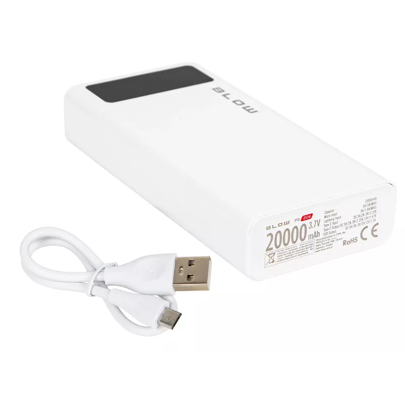Powerbank portátil BLOW PB20E 20000mAh QC+PD 20W com USB-C, 2× USB-A, entrada Lightning, bateria de polímero