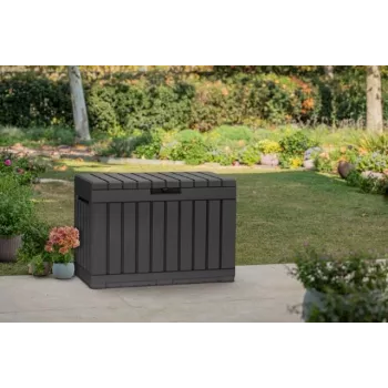 Caixa de arrumação para exterior Keter Kentwood 190L — 190 litros, grafite, porta rebatível, 823×457×577 mm