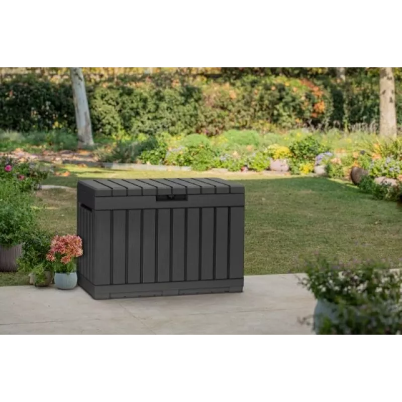 Caixa de arrumação para exterior Keter Kentwood 190L — 190 litros, grafite, porta rebatível, 823×457×577 mm