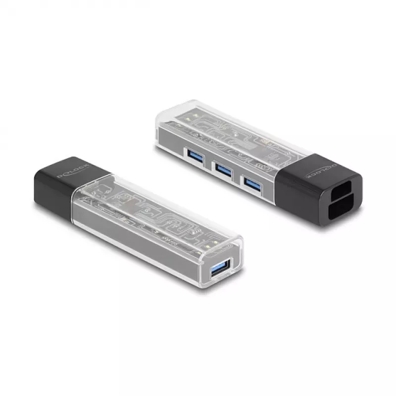 Hub USB 3.2 Gen 1 (3.1 Gen 1) DELOCK 4 portas com host Type-A + Type-C (5000 Mbit/s) preto/transparente