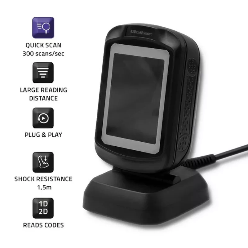 Leitor de códigos de barras fixo 1D/2D QOLTEC 50864, sensor LED, USB (com fios), preto, 145×85×80 mm