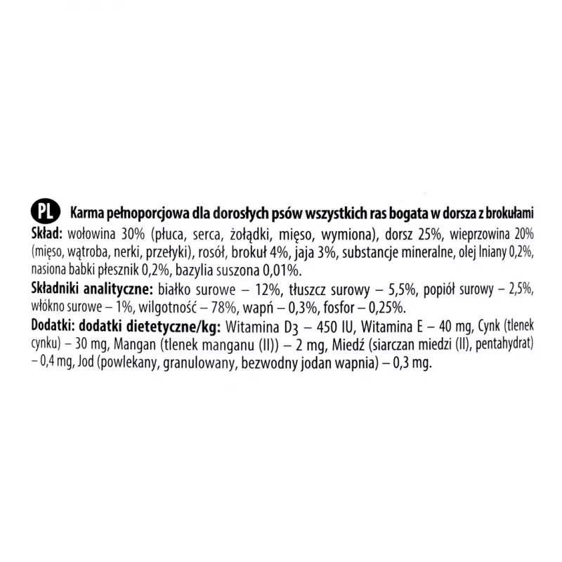 Comida húmida para cães dolina noteci Premium — bacalhau e brócolos, 800 g, cães adultos, sem cereais, sem glúten