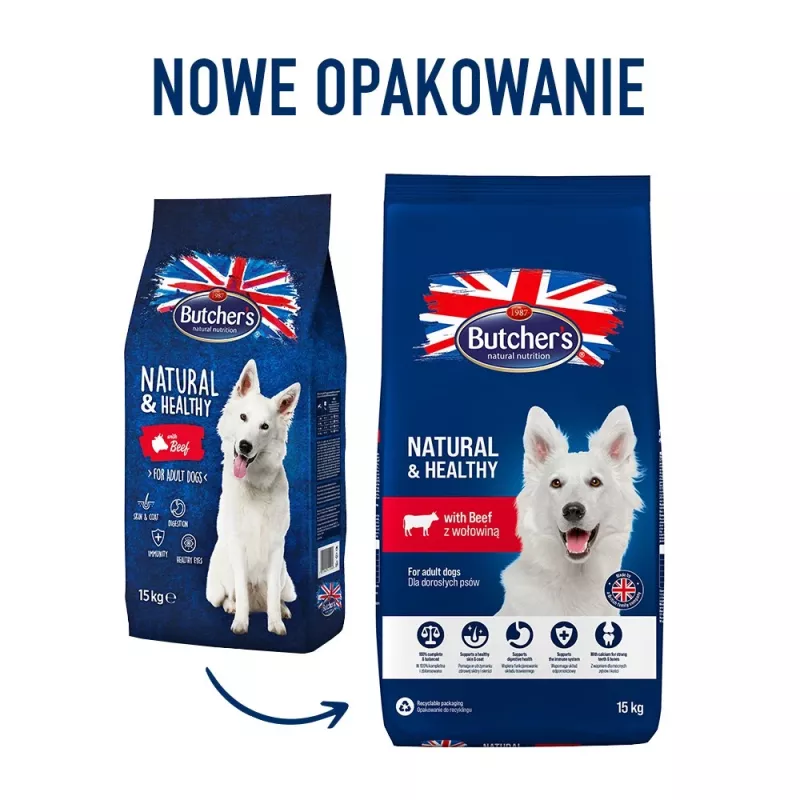 Comida seca para cães Butcher's Natural & Healthy Adult Beef 15 kg — 20% proteína, 7,5% gordura, 3% fibra