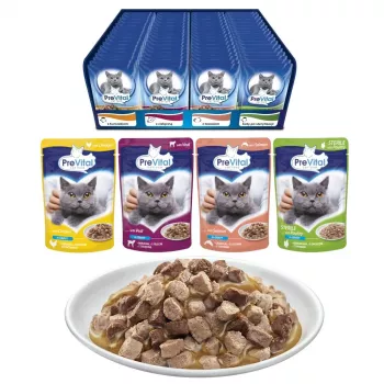 Alimento húmido para gatos PREVITAL Cat Food mix 4 variedades — frango, vitela, salmão, aves, 96 x 100 g saquetas (9,6 kg, adulto)
