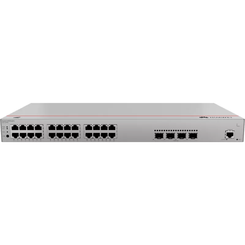 Switch HUAWEI S220-24P4X — 24 x Gigabit (10/100/1000) RJ-45, 4 x SFP+, PoE, 1U cinzento