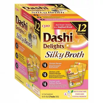 Comida húmida para gatos INABA Dashi Delights Silky Broth mistura de frango e salmão, 12 x 40 g saquetas, alimento completo para gatos adultos